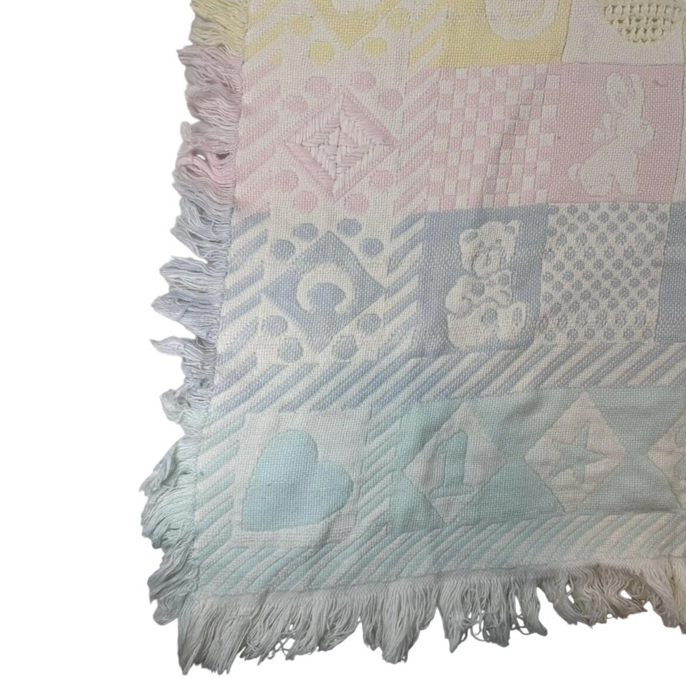 Vintage Pastel Baby Blanket Fringed Patchwork Teddy Bear Bunny Heart Knit Multi